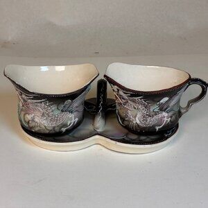 TT Tatiko hand painted Moriage Dragonware Open Sugar and Creamer w Display Tray